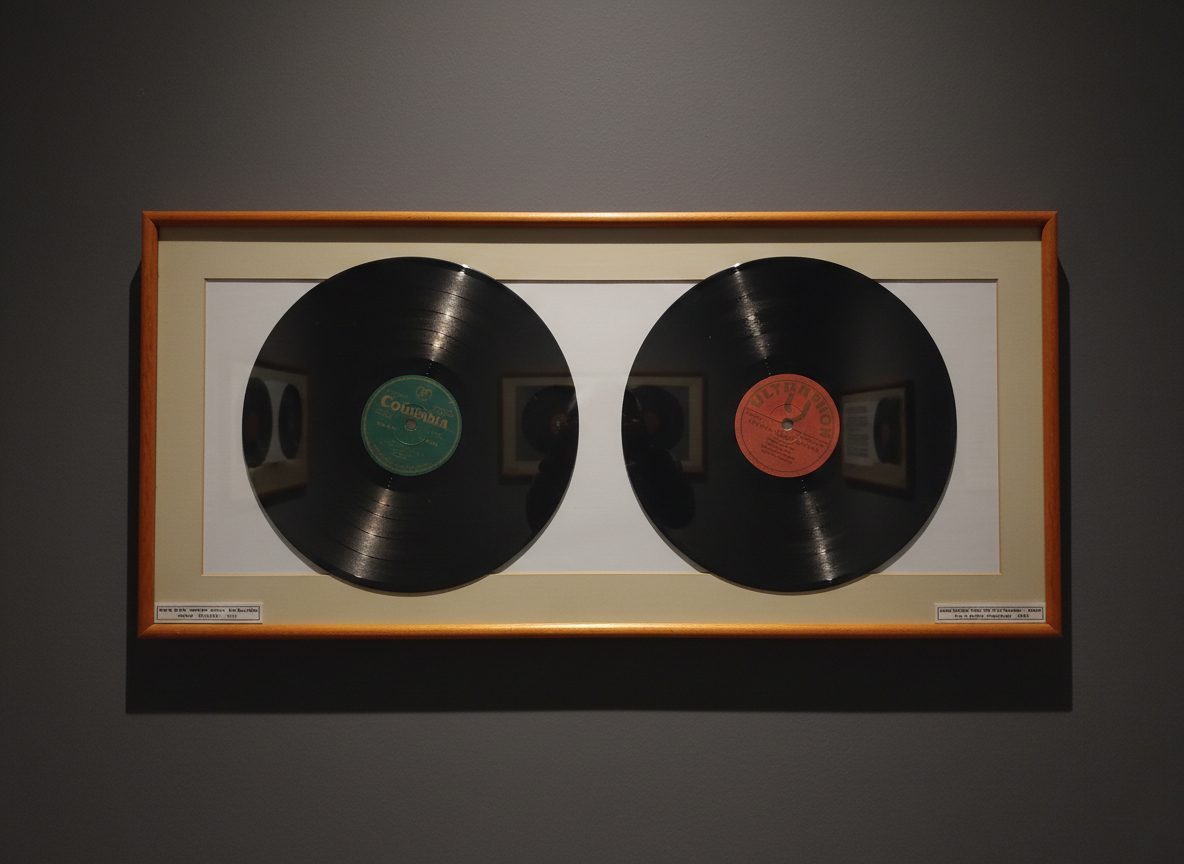 Dve šelakové platne z nášho archívu vystavené v ráme - Columbia z roku 1931 a Ultraphon z roku 1947 