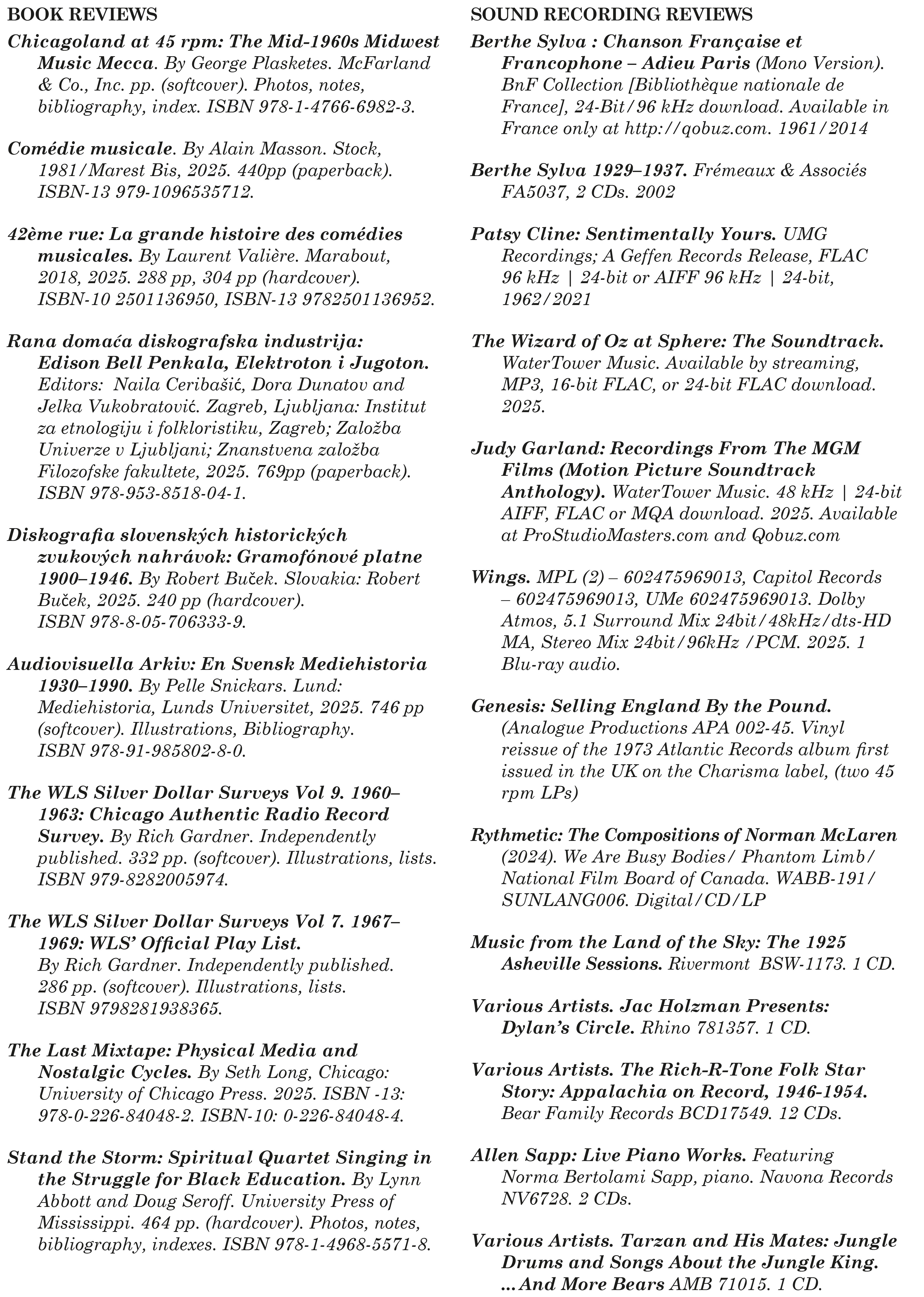 ARSC Journal č. 1, jar  2026, prehľad recenzovaných kníh