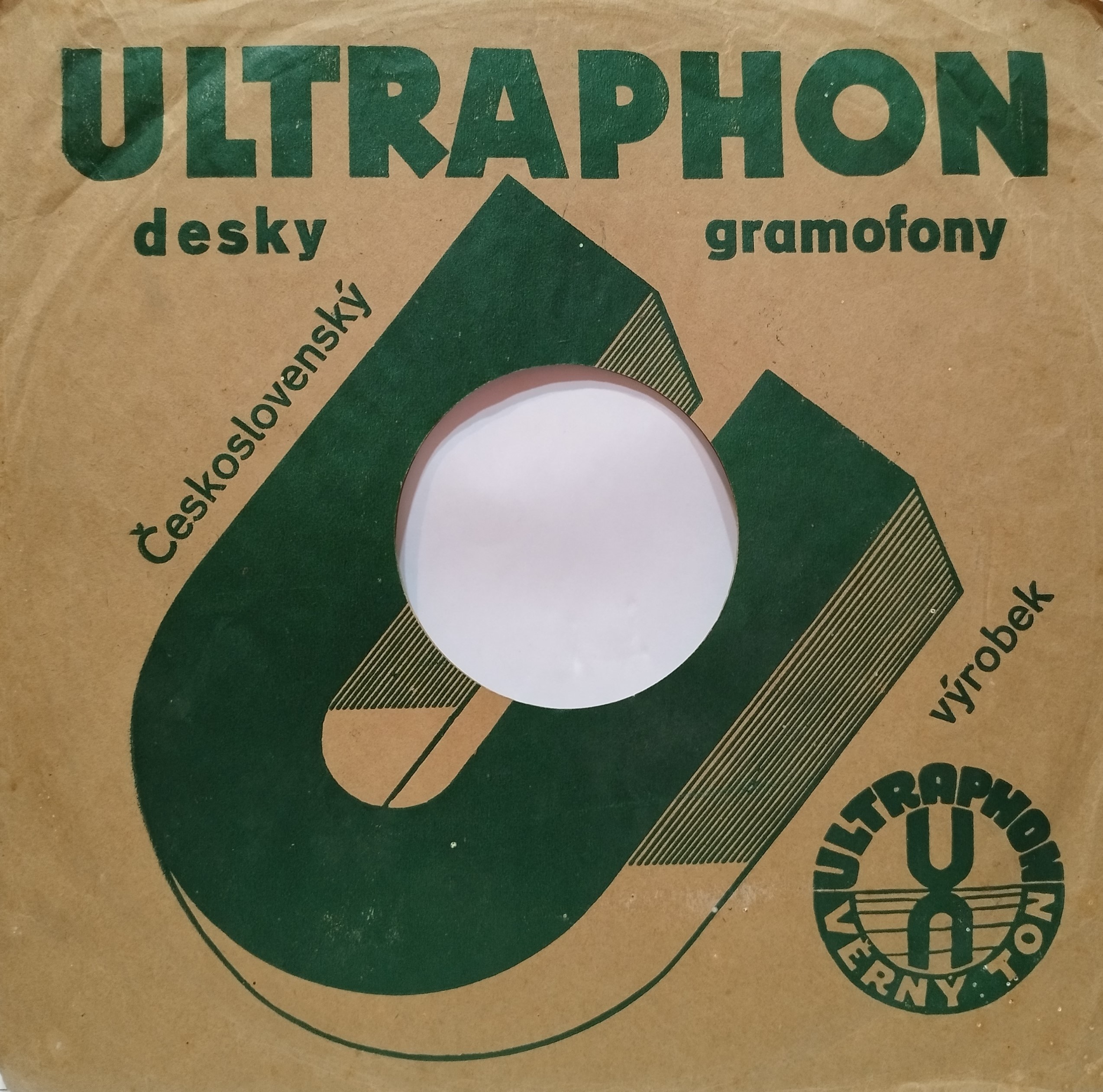 Ultraphon - obal "desky, gramofony / Československý výrobek" z cca 1932-39, zelené prevedenie