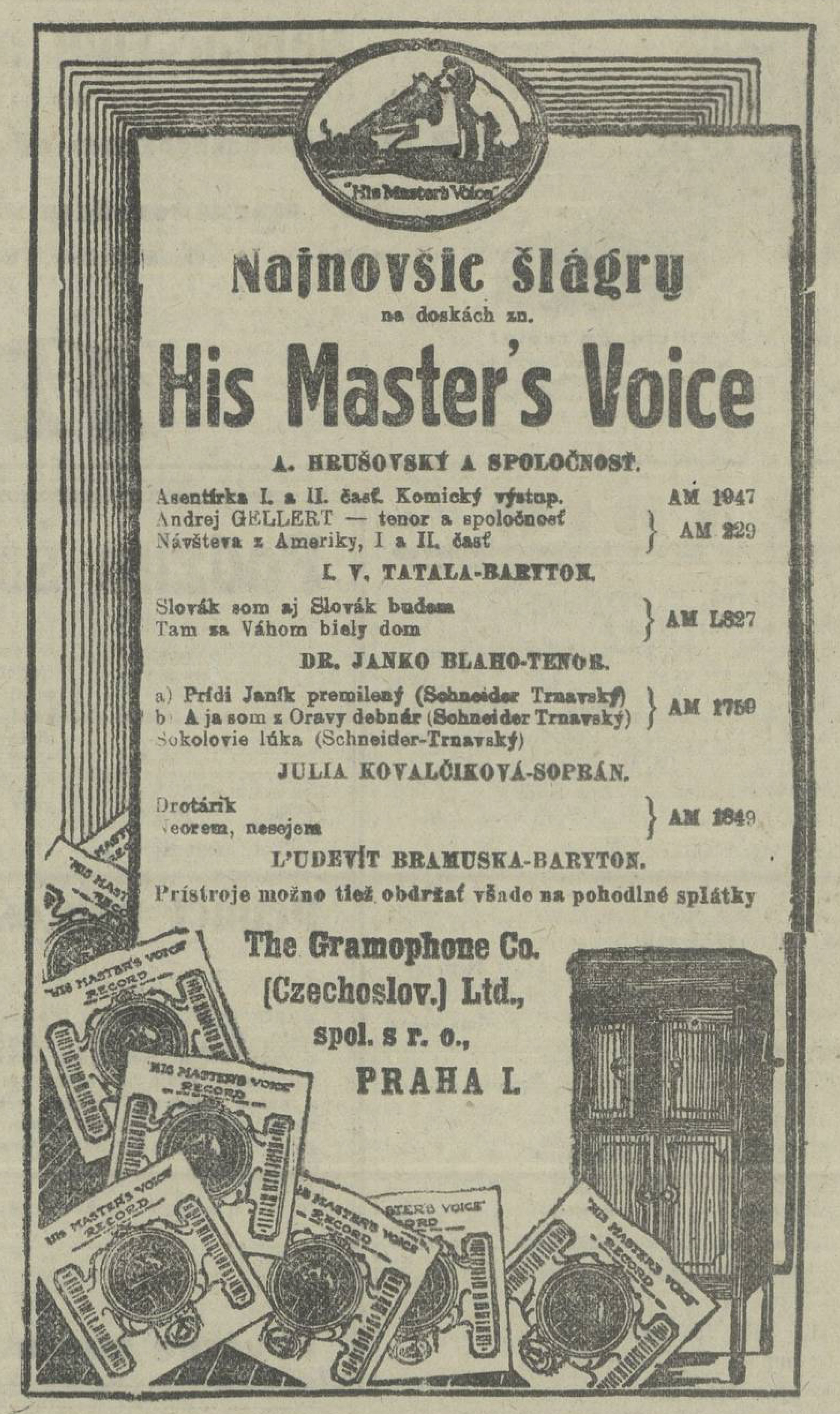 Reklama na novinky His Master´s Voice v novinách Slovák 262/1929, s. 7.